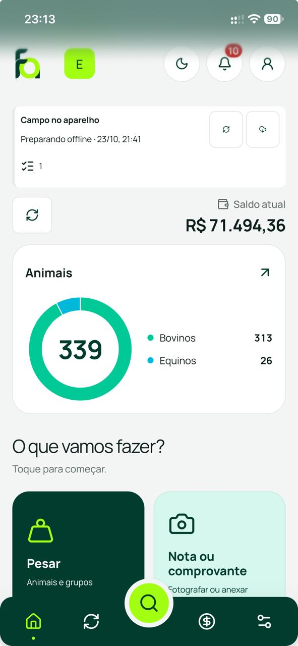 FAZENDO Campo: saldo, 339 animais, sendo 313 bovinos e 26 equinos, e atalhos para o trabalho no campo.
